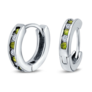 Eternity Huggie Hoop Earrings Channel Round Simulated Peridot Cubic Zirconia 925 Sterling Silver